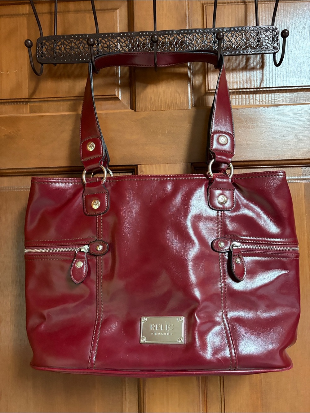 Relic Deep Red Patent Leather Tote with Gold Hardware